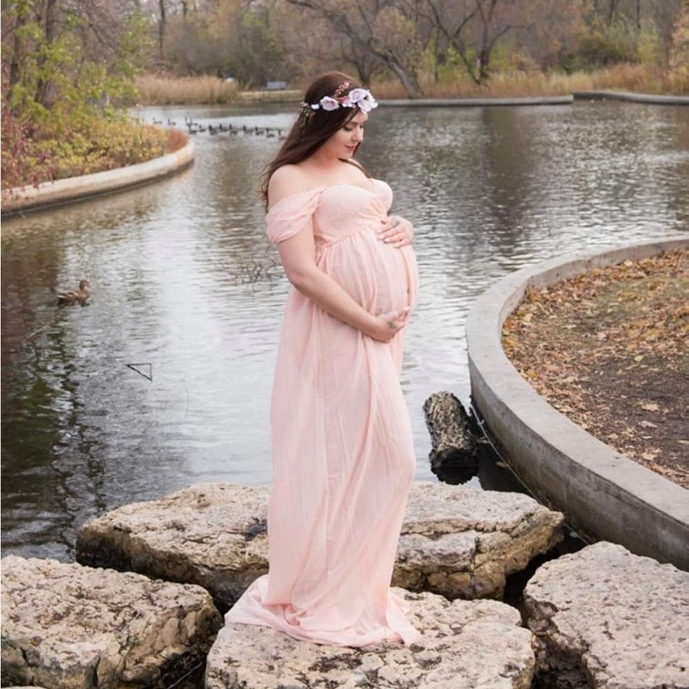 Peach Pink Off Shoulder Chiffon Maternity Gown Dress S Small - Picture 8 of 10